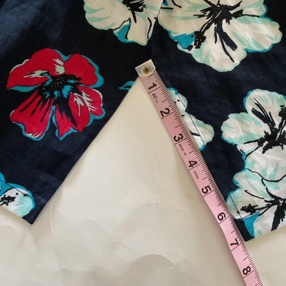 Talbots 100% Linen Beaded Neckline Navy Hibiscus Tropical Floral Tunic Dress XS - Picture 11 of 15